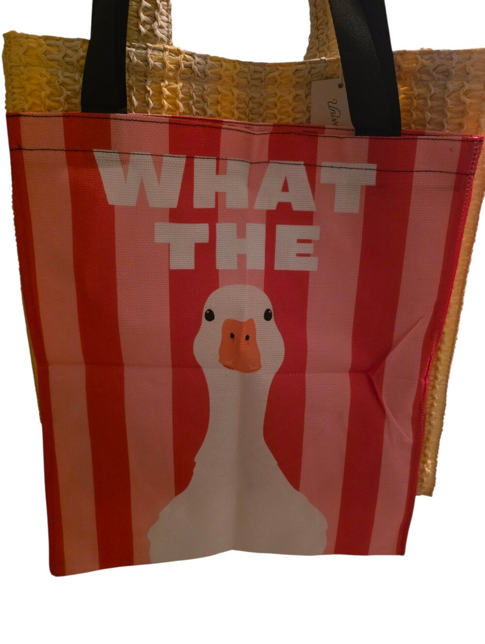 New WHAT THE Duck Graphic Tote — Pink & White Stripes